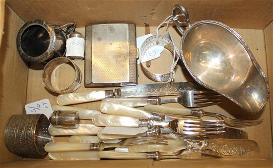 Pr Chinese silver wrist / ankle bands, pair salt & pepper pots, napkin ring, cig. case, sauceboat, butter knife & set 12 dessert knives